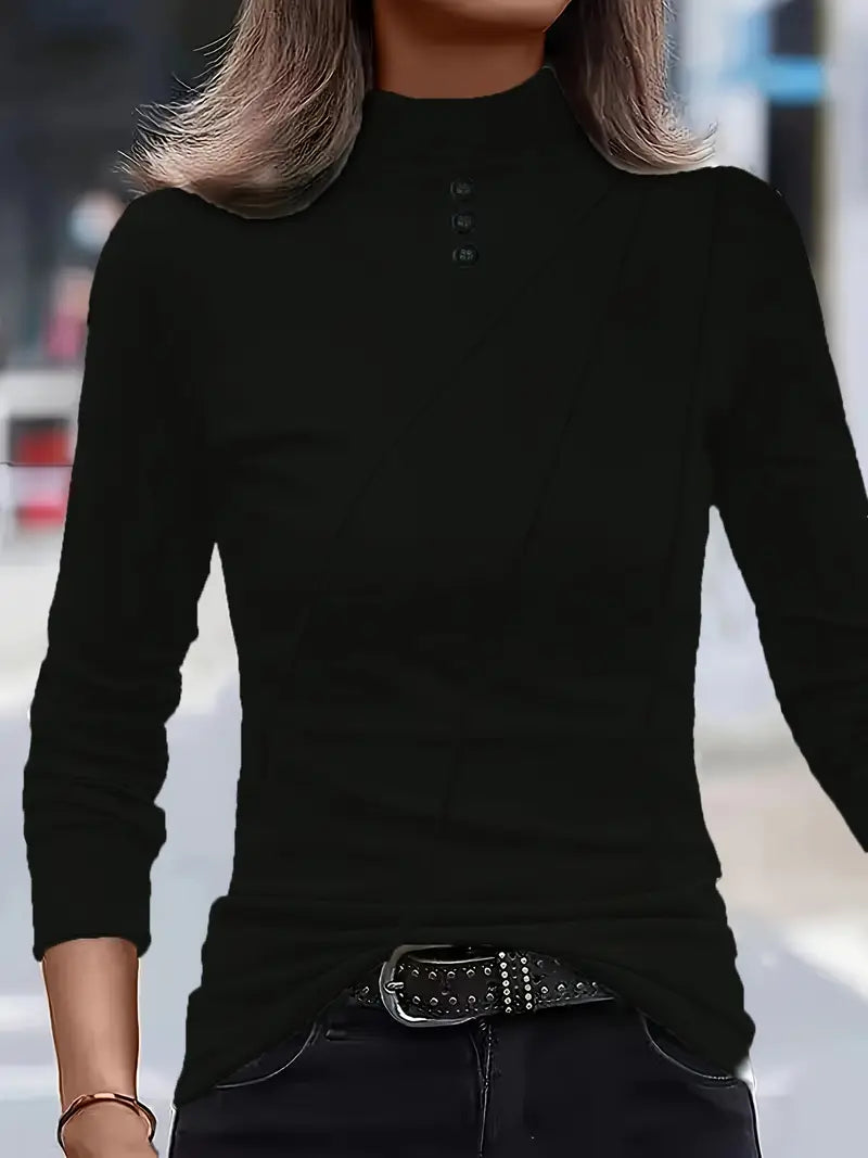 Elegant Long-Sleeve High-Neck Top with Decorative Buttons
