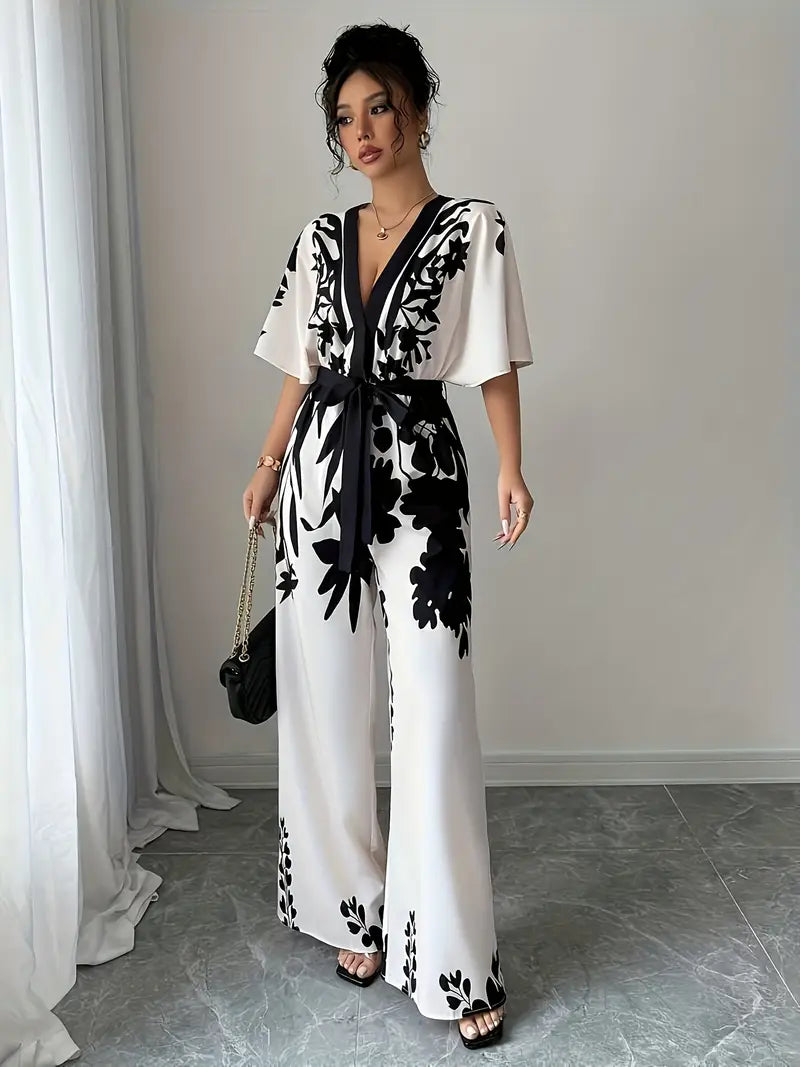 Floral Deep V-Neck Long-Sleeve Wide-Leg Jumpsuit with Belt – Vacation & Summer Elegance