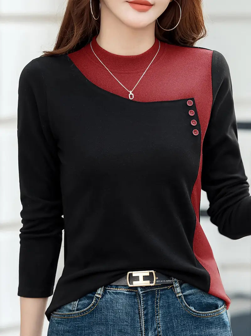 Elegant Long-Sleeve Button-Detail Top – Soft Stretch Knit, Round Neck, Solid Color