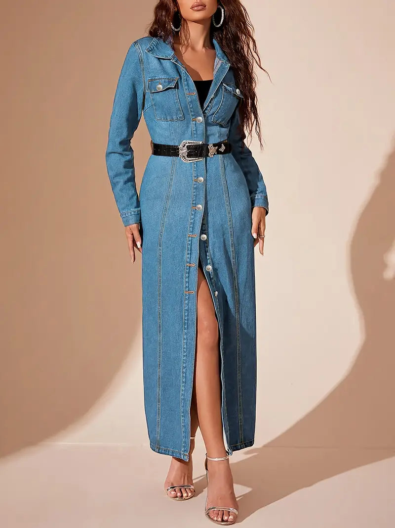 Classic Long Denim Coat – Elegant Button-Front Longline Jacket for Effortless Layering