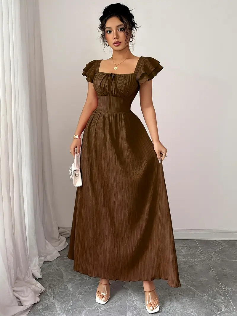 Pleated Square-Neck Dress with Bow-Front & Cinched Waist
