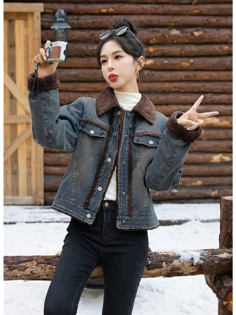 Oversized Retro Denim Jacket with Lamb Fleece Collar – Warm Winter Casual Outerwear for Women