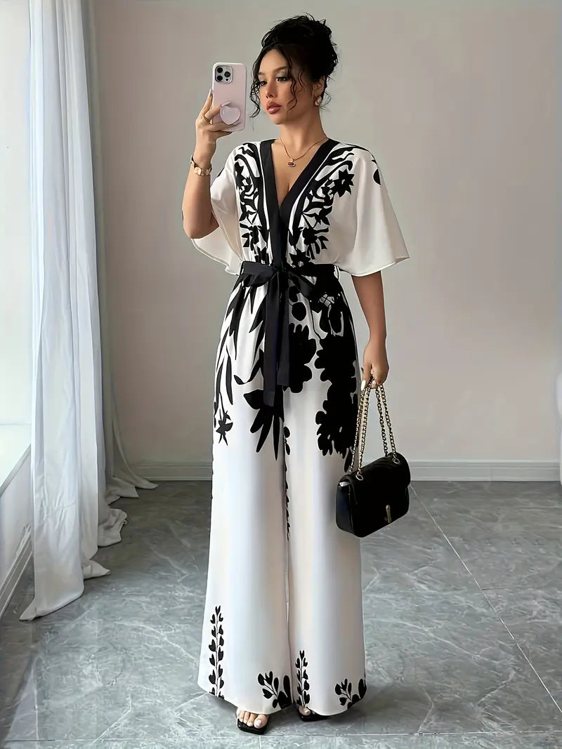 Floral Deep V-Neck Long-Sleeve Wide-Leg Jumpsuit with Belt – Vacation & Summer Elegance