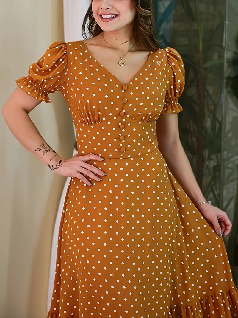 Elegant Polka Dot V-Neck Midi Dress — Ruffle Sleeves & Tiered Skirt