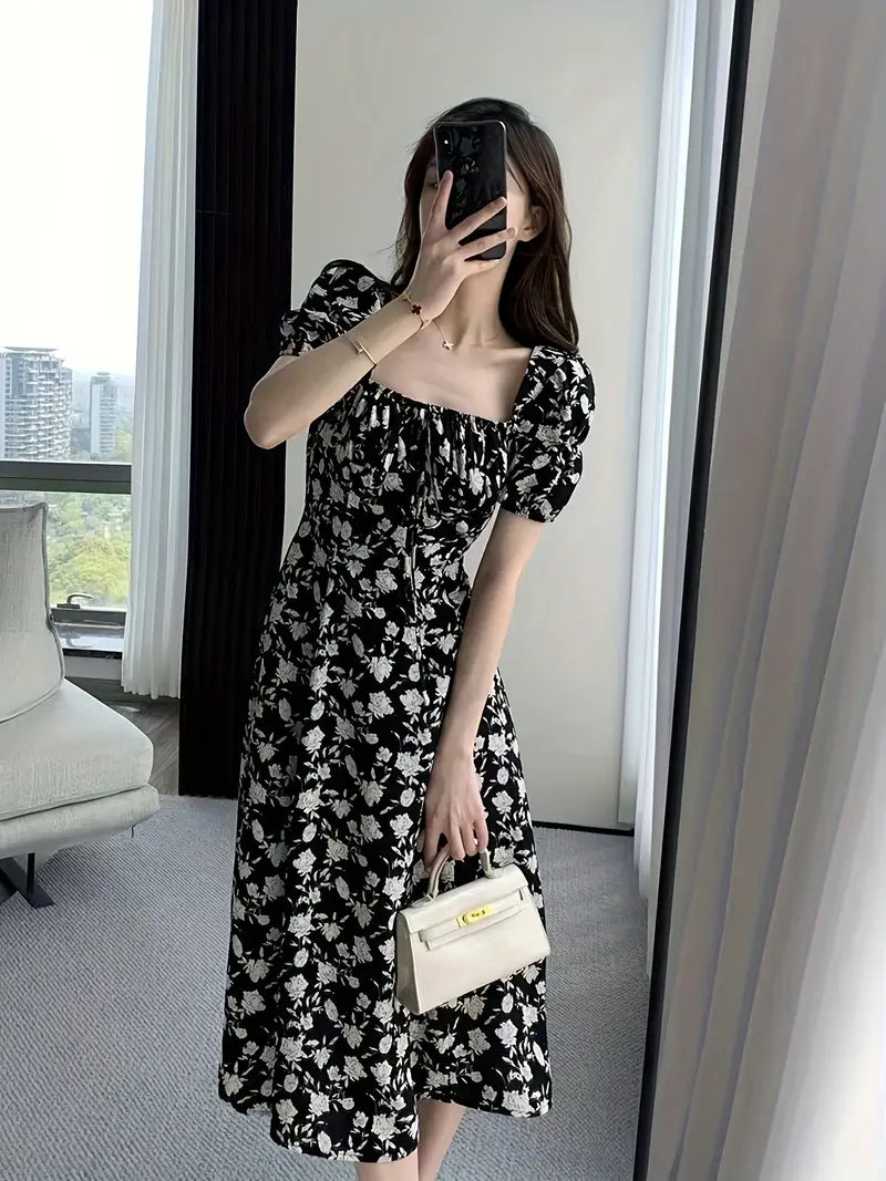 Elegant Floral Square-Neck Midi Dress