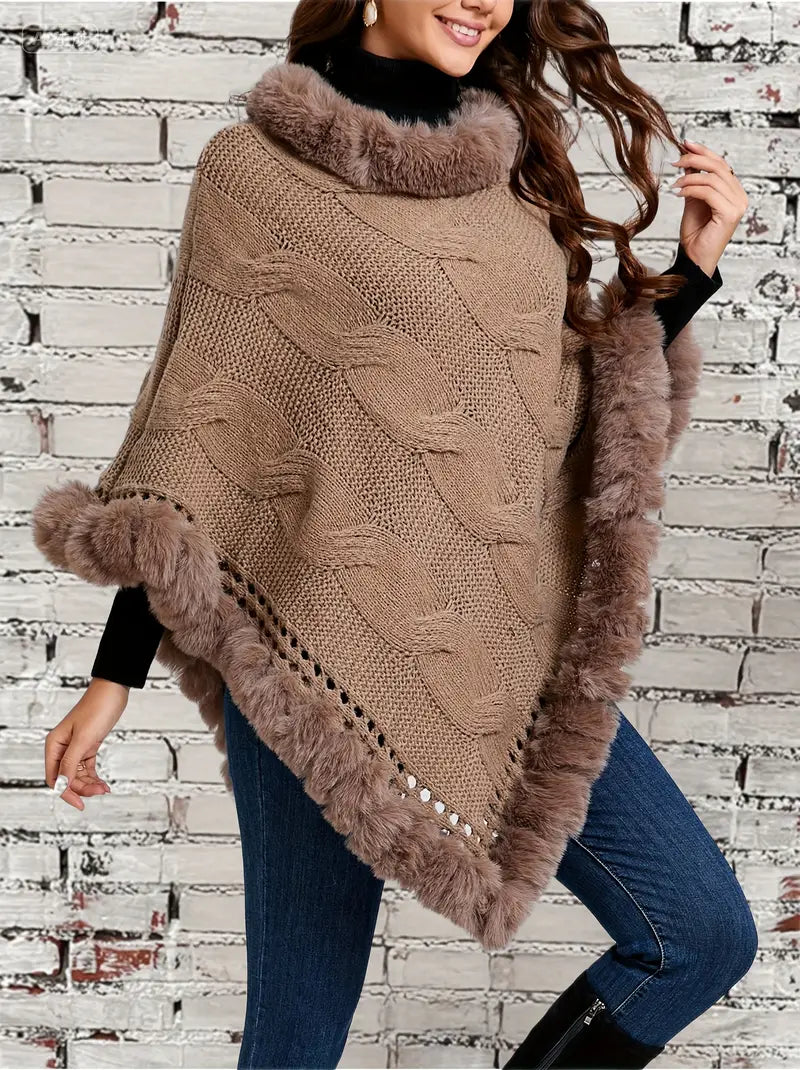 Women’s Elegant Crochet Pullover Sweater – 3-Layer Fur-Lined Knit, Solid Color, Warm Winter Design with Eyelet Details