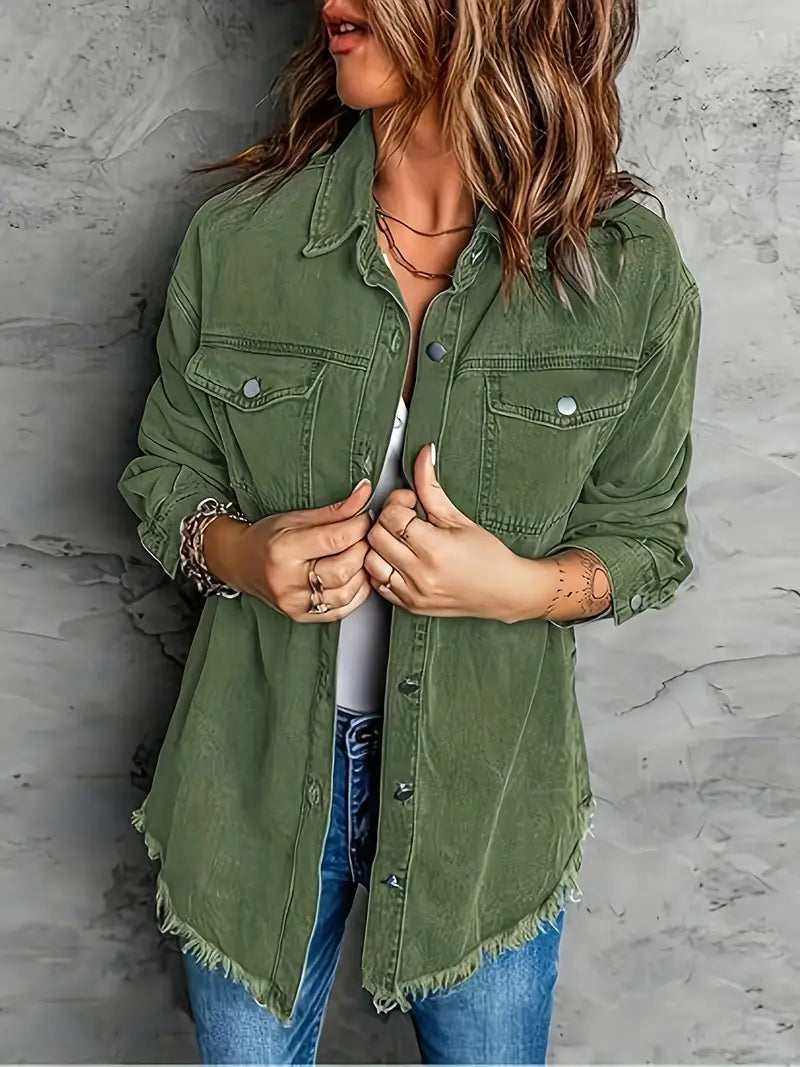 Oversized Fringe-Hem Denim Jacket – Western-Inspired Casual Outerwear for Women