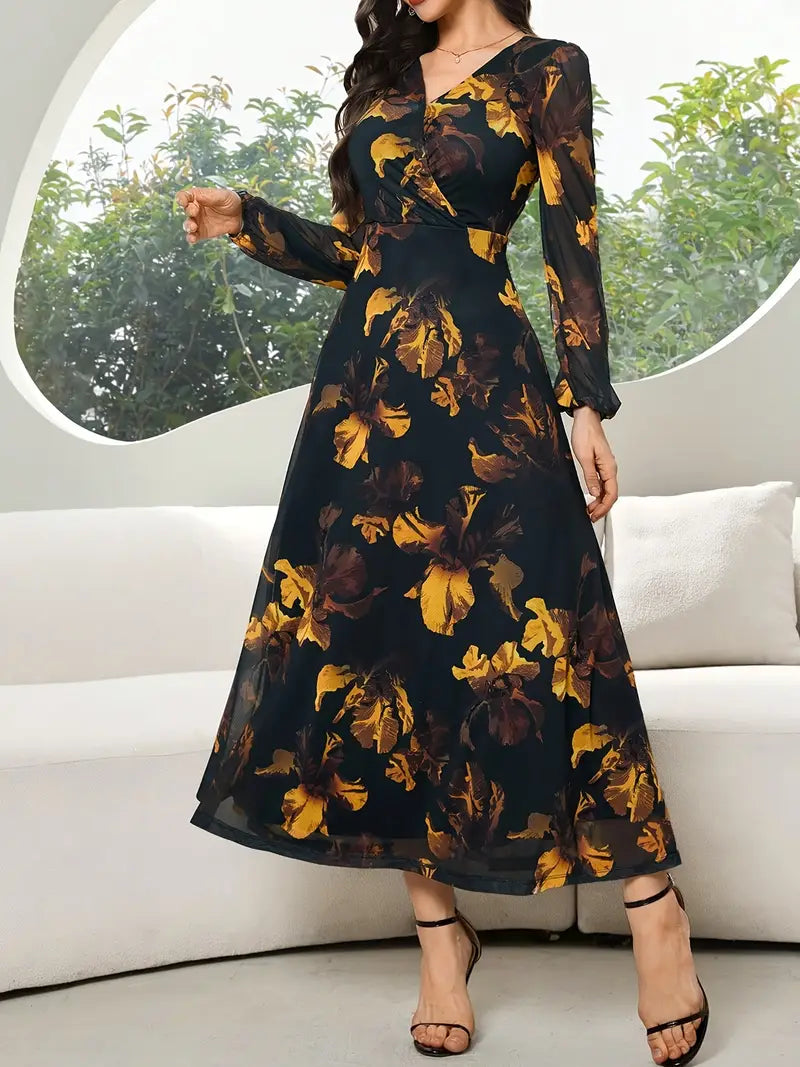 Elegant Black & Gold Floral A-Line Dress – A Timeless Statement Piece