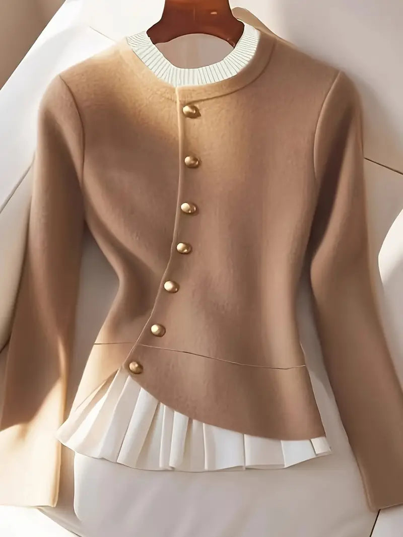 Women’s Elegant Beige Sweater – Soft Round Neck Pullover with Button Detailing