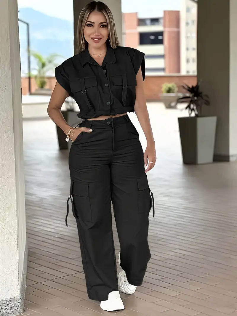 Stylish Sleeveless Cargo Pantsuit Set — Crop Top & Wide-Leg Pants in Polyester, Modern Utility Chic