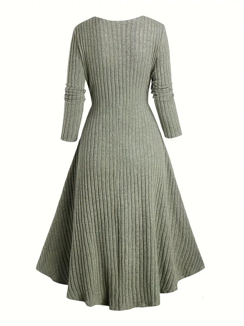 Ribbed Long-Sleeve Cardigan Dress with Square Neck & Color-Block Detailing — A-Line Polyester Knit for Fall