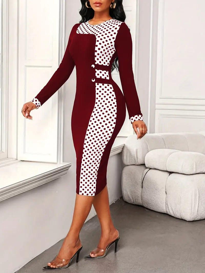 Elegant Polka Dot Bodycon Midi Dress with Button Detailing – Long Sleeve Knit Dress for Effortless Sophistication