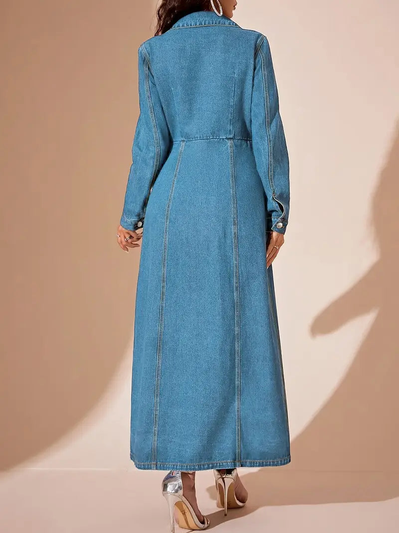 Classic Long Denim Coat – Elegant Button-Front Longline Jacket for Effortless Layering