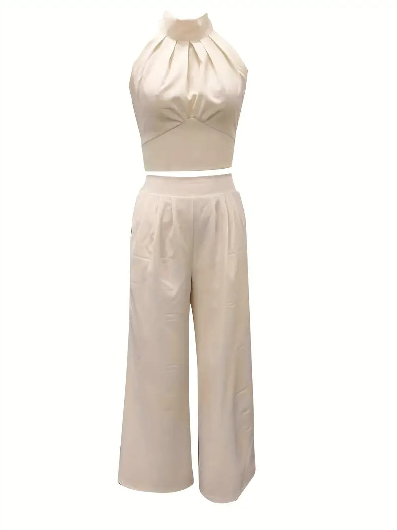 Elegant Two-Piece Long-Sleeve Blazer & Wide-Leg Pants Suit — Refined Neutral Set for Polished Work and Evening Looks