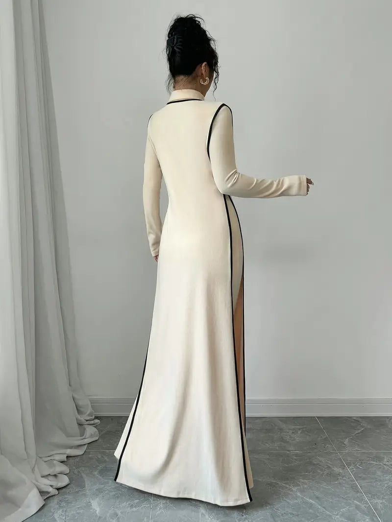 Color-Block Ribbed Turtleneck Dress Set (2-Piece) — Elegant Rib Knit Midi Dress & Matching Overlay for Chic Layered Style