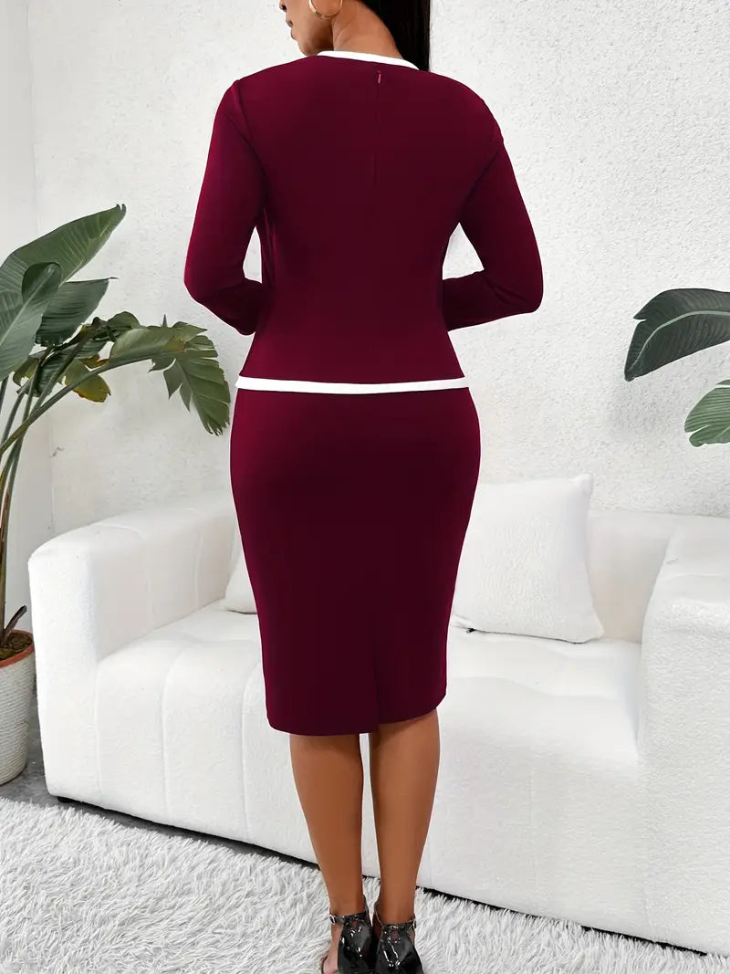 2-in-1 Contrast Trim Bodycon Dress – Elegant Long Sleeve Office & Formal Midi Dress for Modern Women