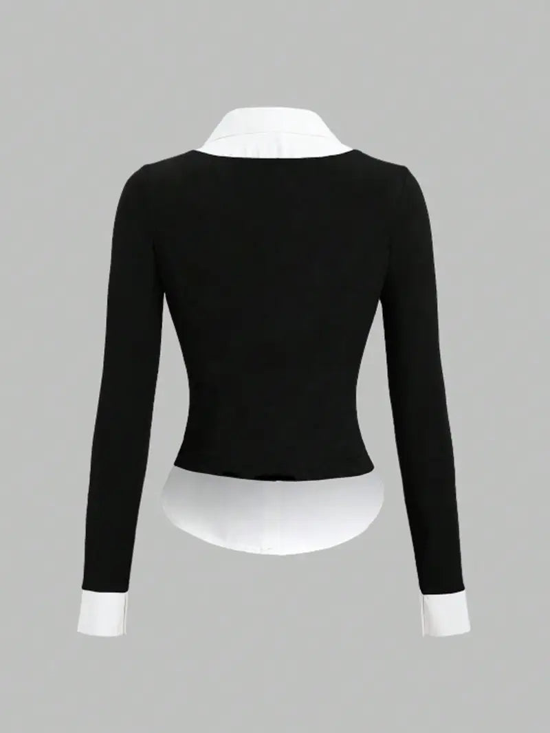 Classic College-Style Spliced Long-Sleeve Shirt with Elegant Back Detail