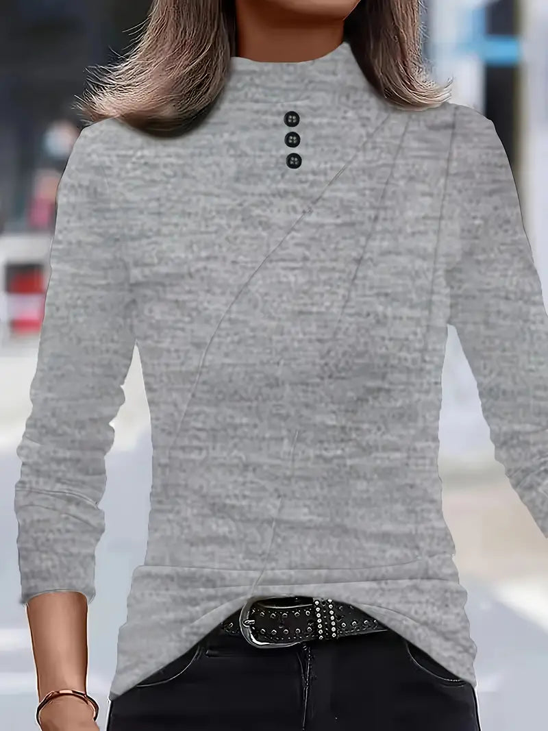 Elegant Long-Sleeve High-Neck Top with Decorative Buttons