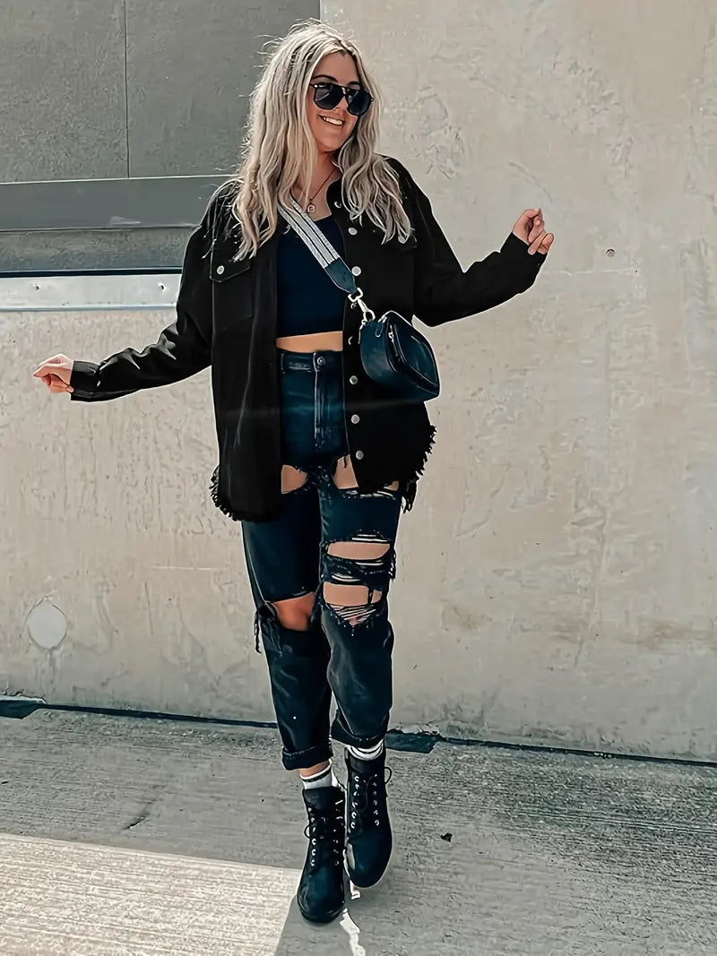 Oversized Fringe-Hem Denim Jacket – Western-Inspired Casual Outerwear for Women