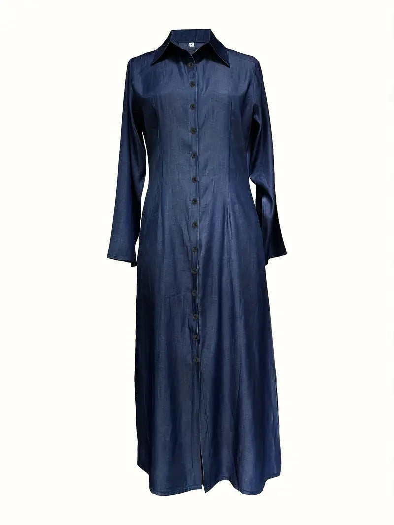 Button-Front Long-Sleeve Collared Maxi Dress — Solid Color, Casual & Versatile