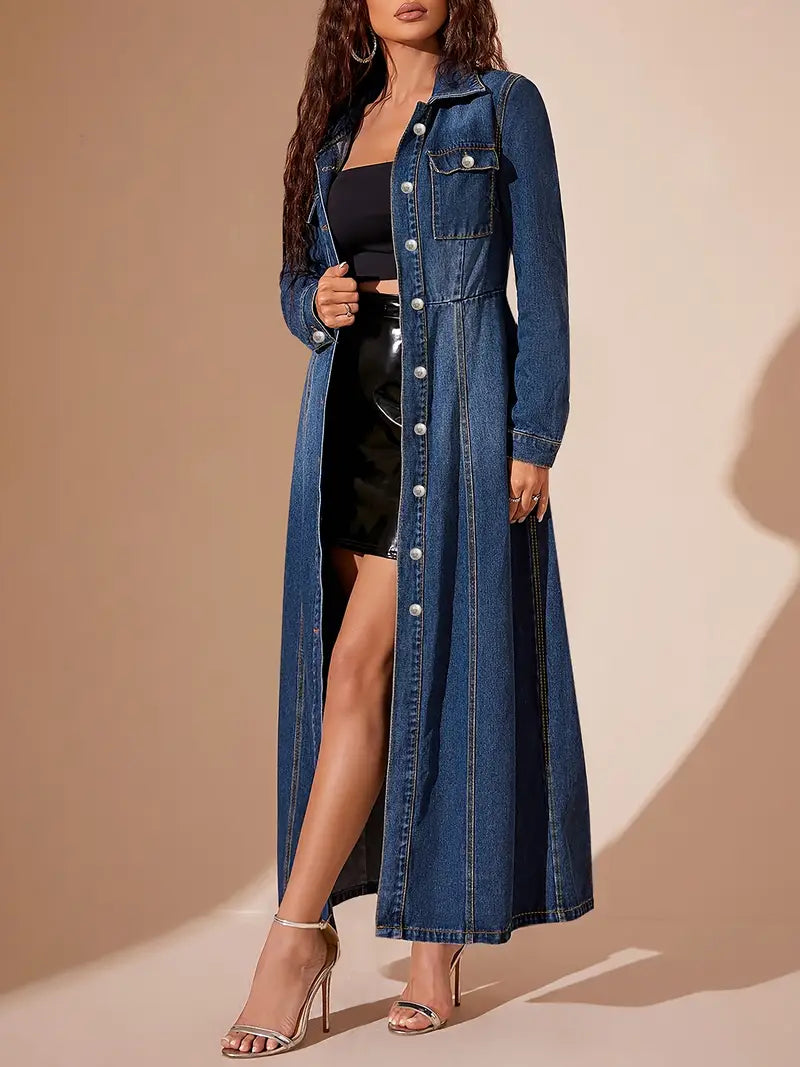 Classic Long Denim Coat – Elegant Button-Front Longline Jacket for Effortless Layering