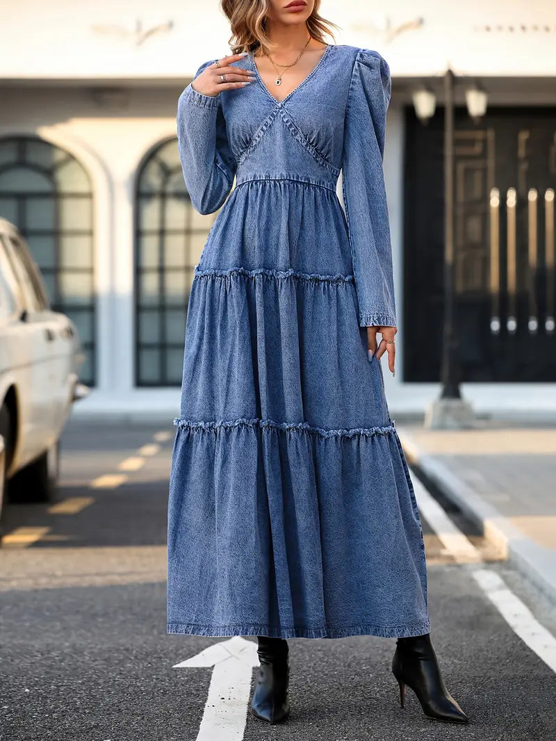 Vintage-Inspired European Denim Maxi Dress with Puffed Sleeves & Multi-Layered A-Line Cake Skirt – Graceful Elegance for Every Occasion