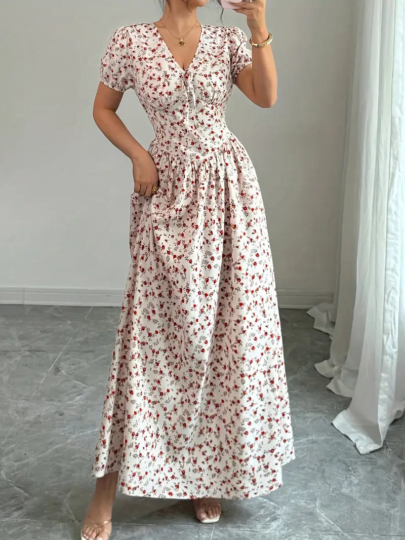 Scarlet Bloom V-Neck Floral Maxi Dress