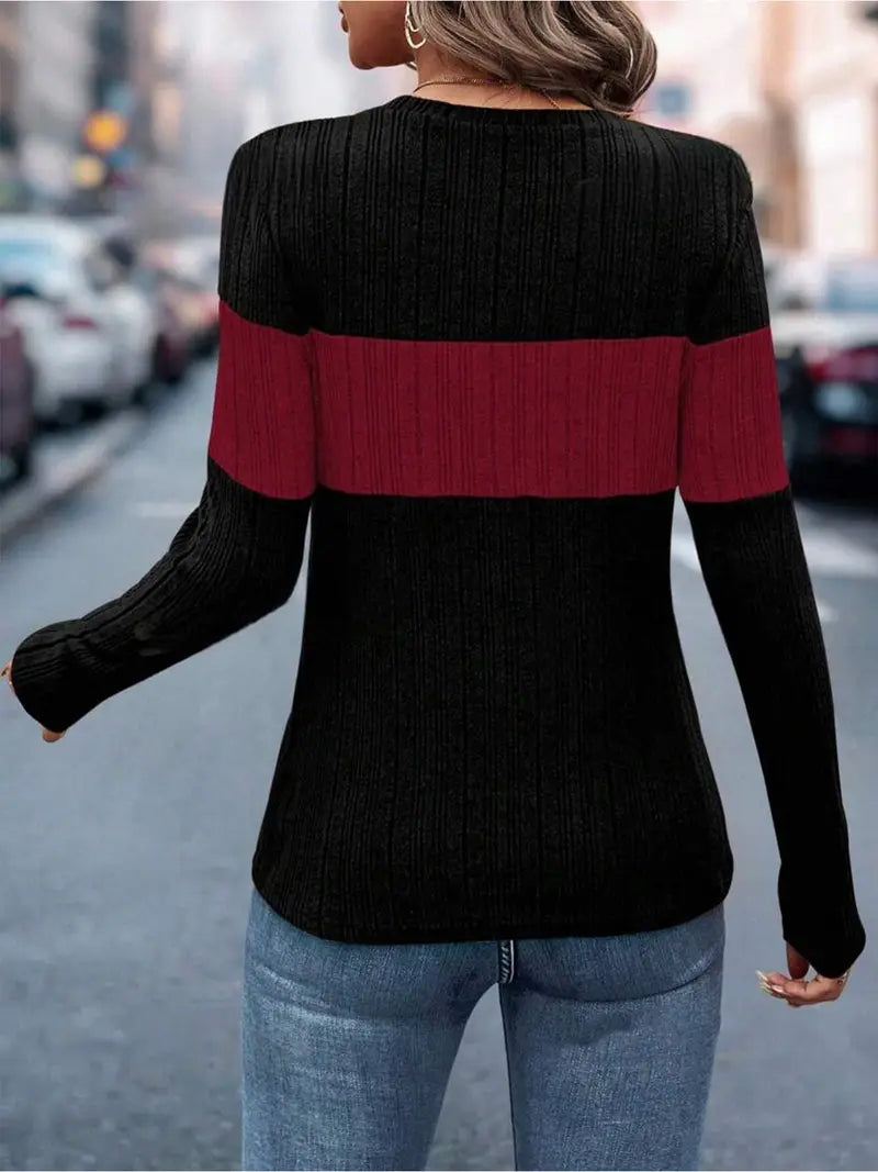 Elegant Two-Tone Long-Sleeve Sweater Top – Black & Red Block Design with White Piping | Fall & Winter Essential