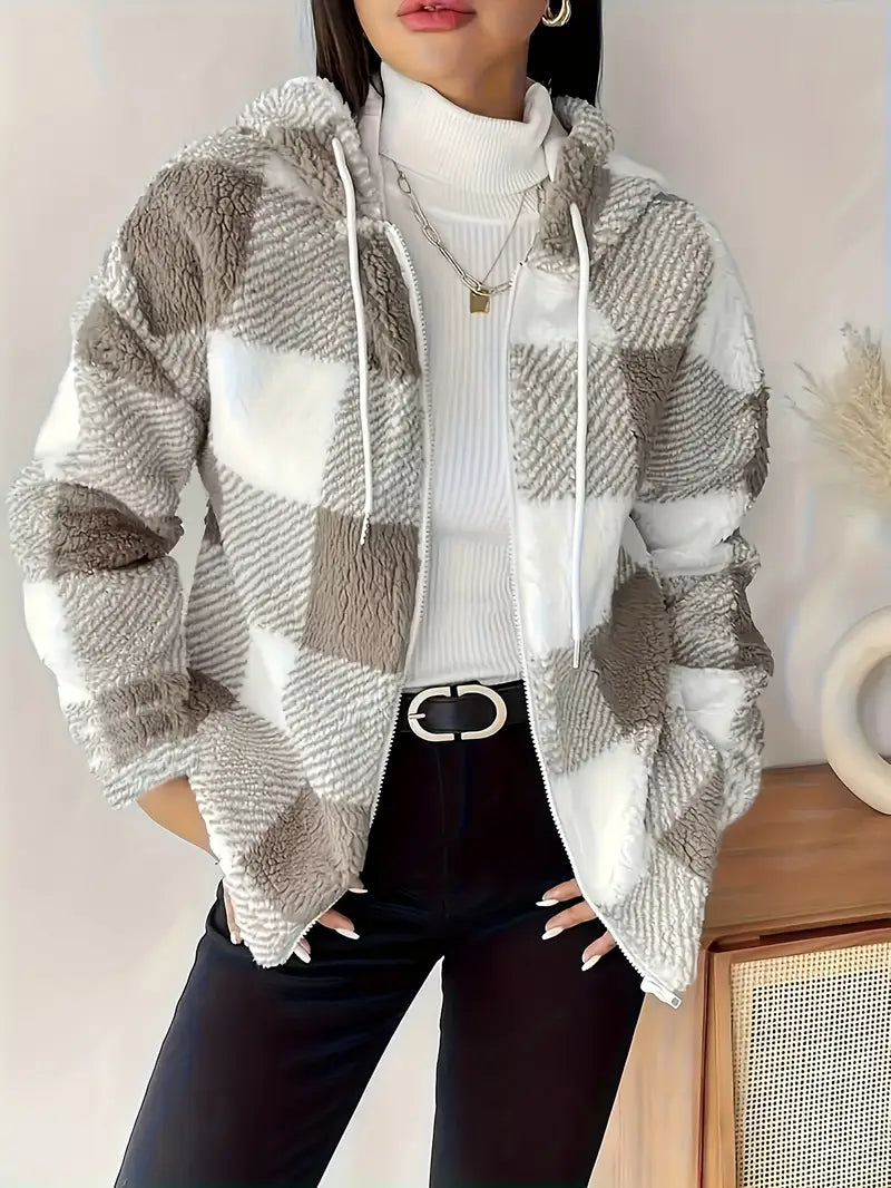 Elegant Checkered Plush Winter Coat — Beige & Brown Textured Outerwear for Fall and Winter