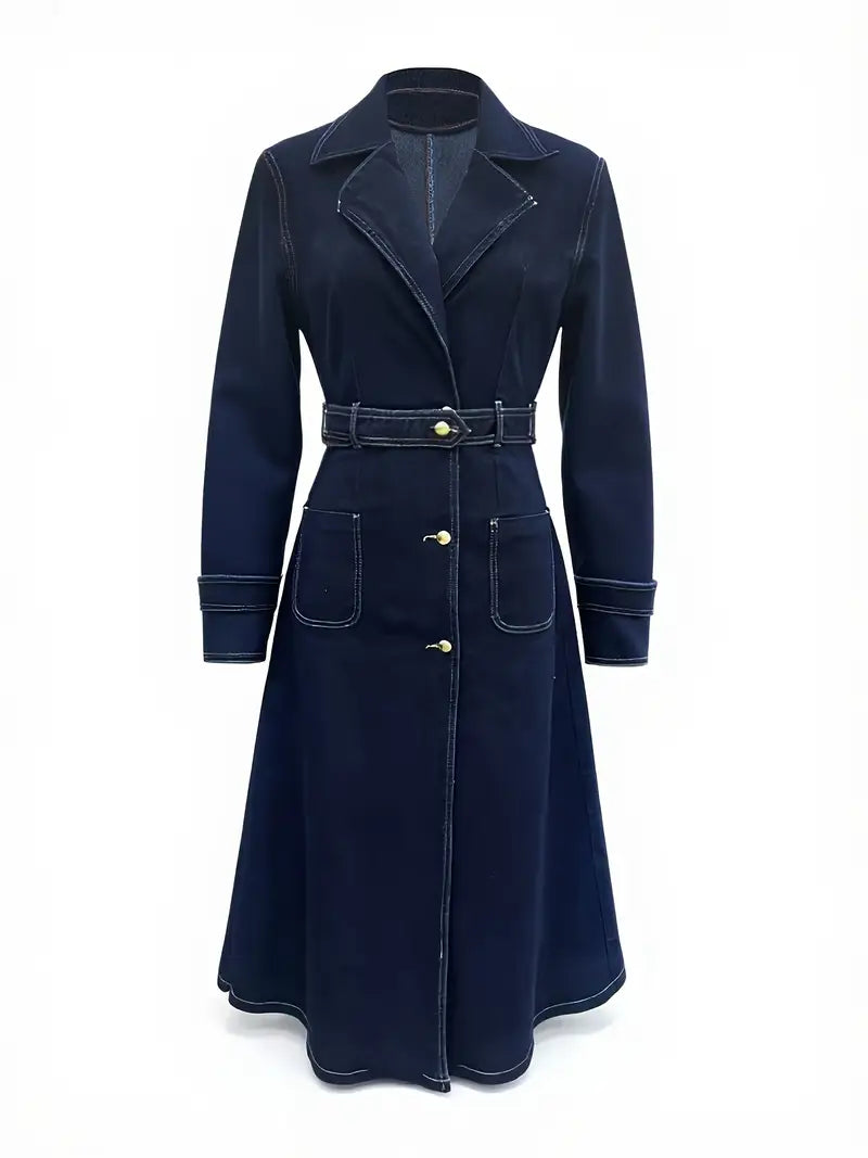 Elegant Navy Blue Oversized Long Coat with Belt and Button Detailing – Timeless Outerwear for Casual & Formal Occasions