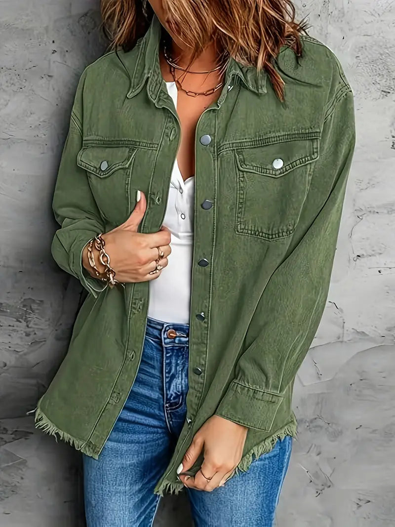 Oversized Fringe-Hem Denim Jacket – Western-Inspired Casual Outerwear for Women