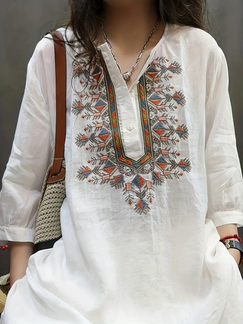 Women’s Vintage Embroidered Geometric Blouse – Long Sleeve, Loose Fit
