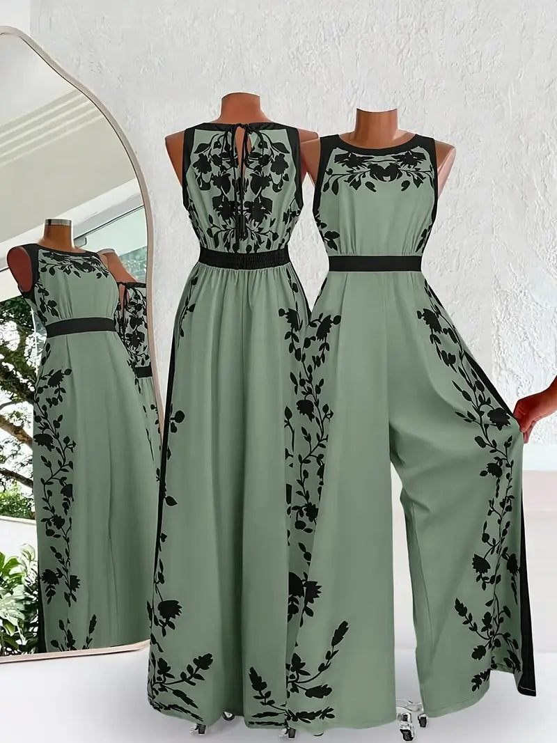 Beige & Black Floral Sleeveless Jumpsuit with Round Neckline