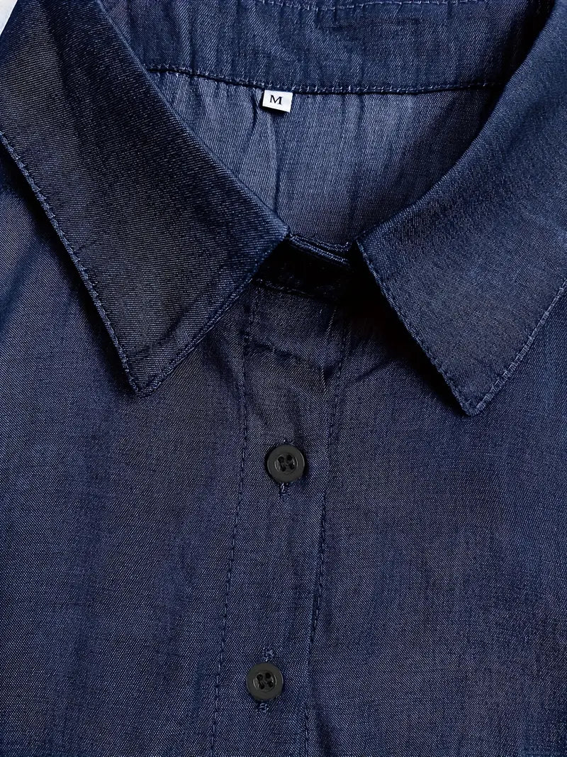 Button-Front Long-Sleeve Collared Maxi Dress — Solid Color, Casual & Versatile