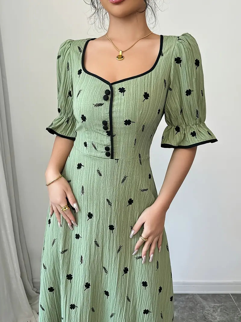 Elegant Floral Print Maxi Dress — Square Neck, Button Details & A-Line Silhouette