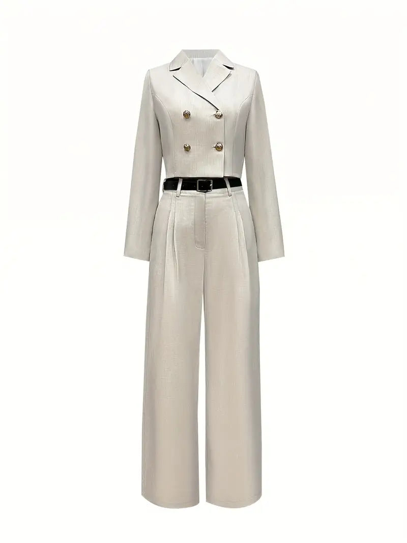 Elegant Double-Breasted Two-Piece Suit with Wide-Leg High-Waist Pants & Accessory Bag — Refined Power Ensemble for Modern Women