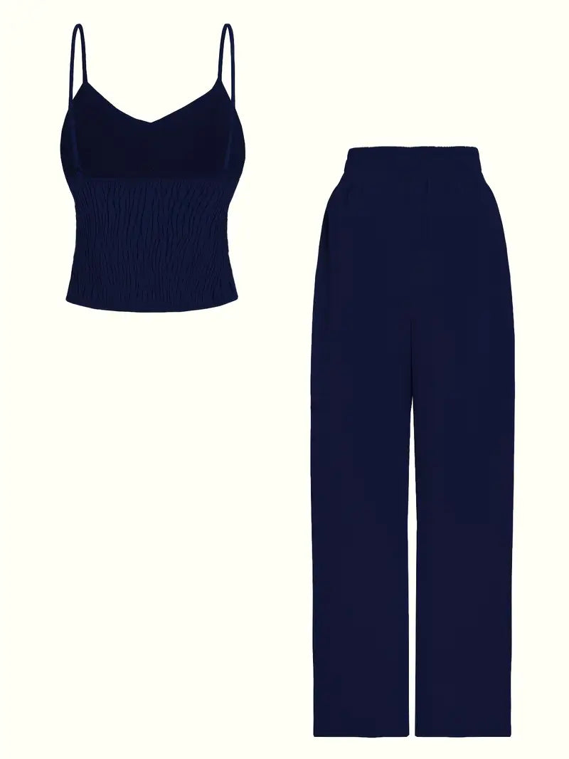 Elegant Off-Shoulder V-Neck Belted Suit Set for Women — 3/4 Sleeve Solid Color Ensemble in Lightweight Fabric