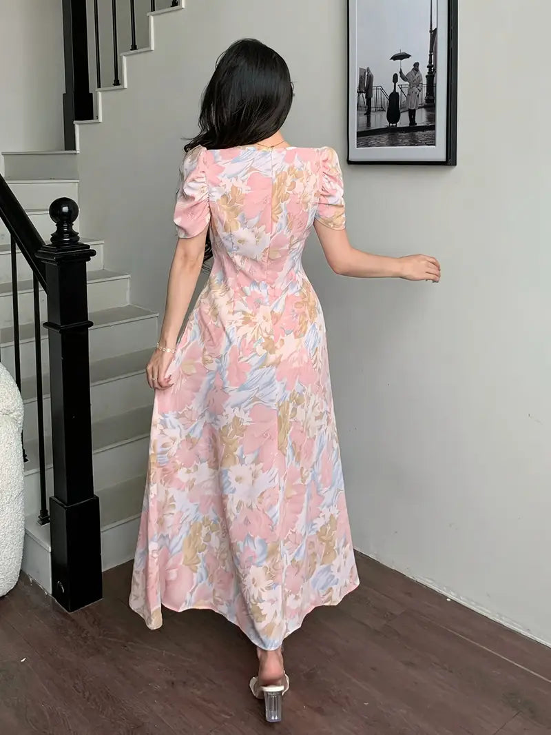 Elegant Floral Maxi Dress — A-Line Silhouette, Machine-Washable, Vacation-Ready