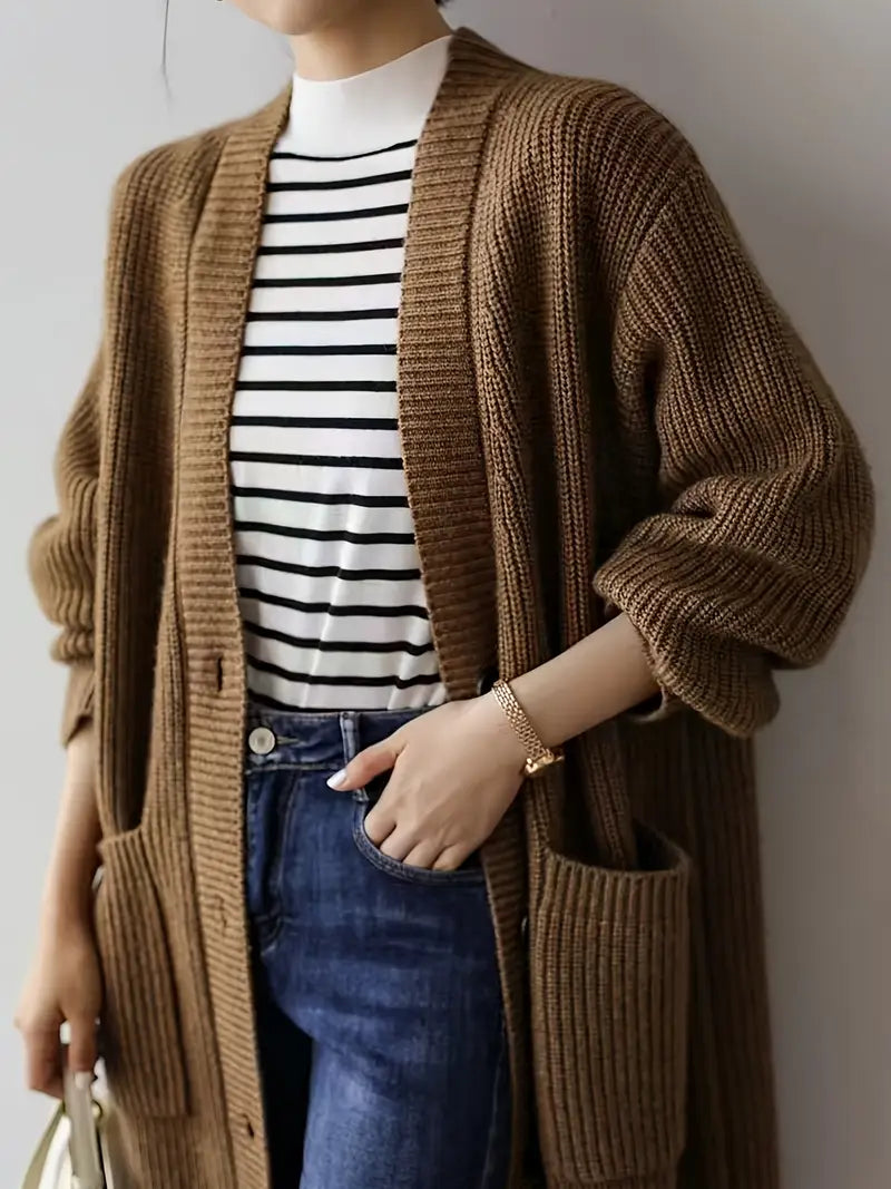 Chic Longline V-Neck Knit Cardigan Coat with Pockets — Solid Color Polyester Sweater Coat