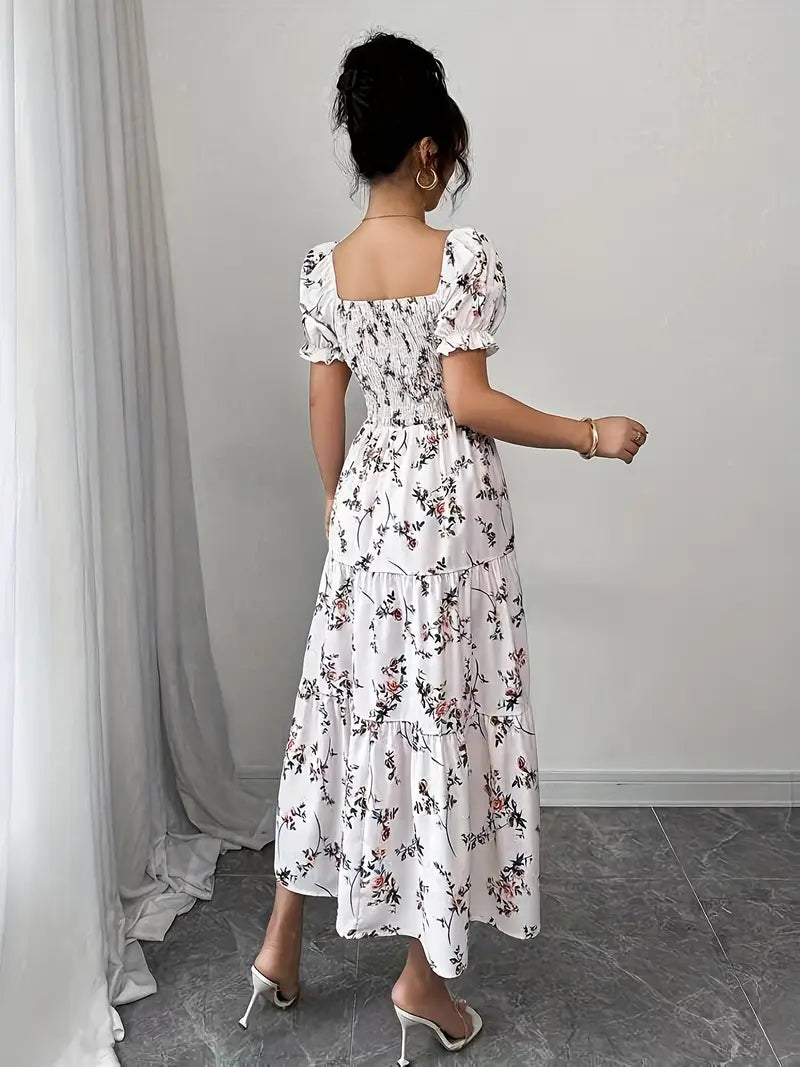 Elegant Floral Maxi Dress — Square Neck, Puff Sleeves & Flared Hem