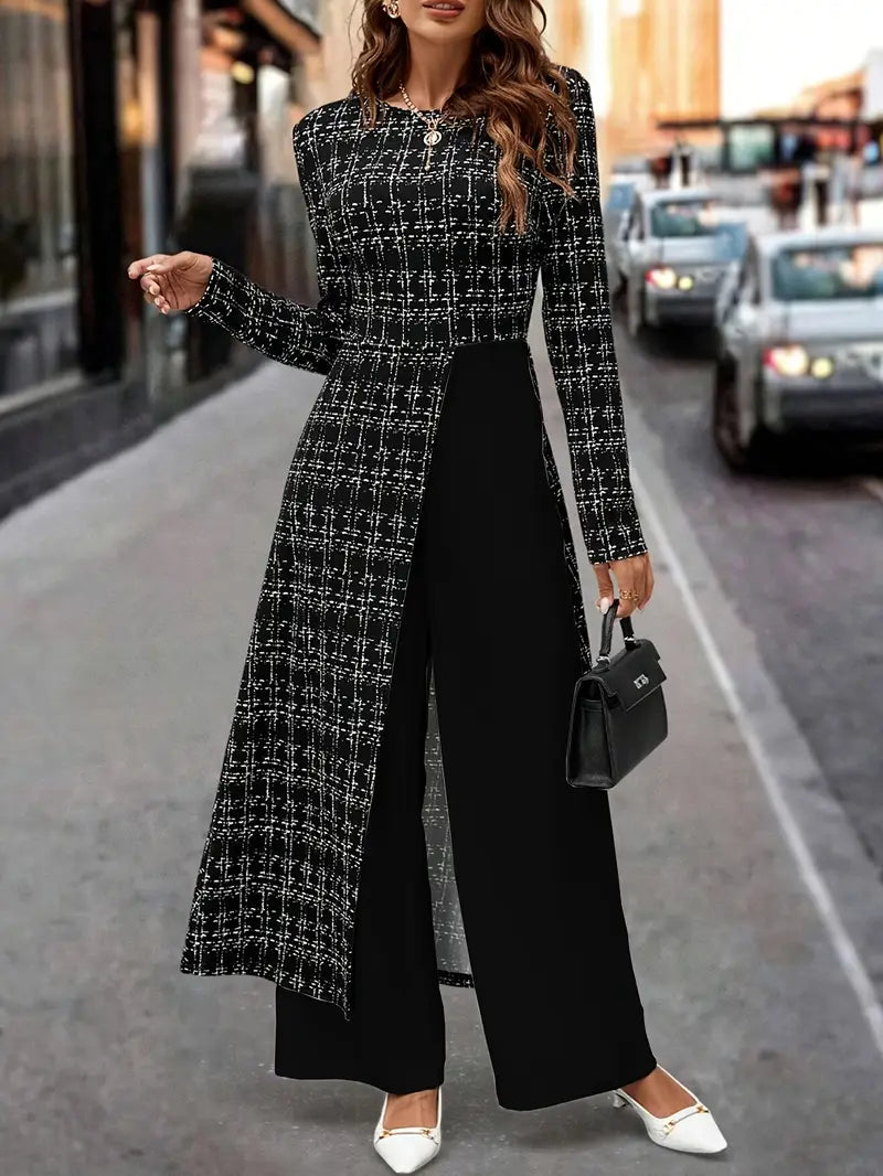 Vintage-Inspired Black & White Checkered Jumpsuit with Asymmetrical Design