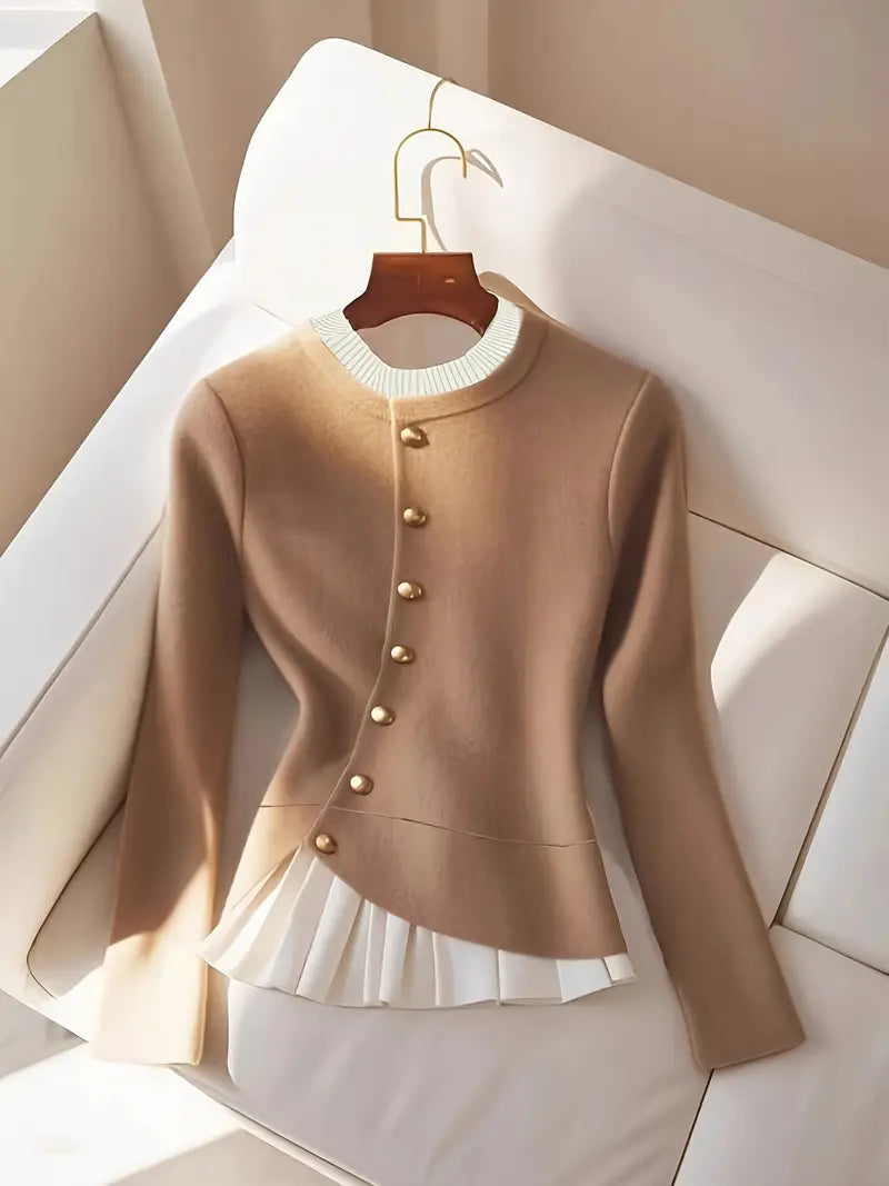 Women’s Elegant Beige Sweater – Soft Round Neck Pullover with Button Detailing