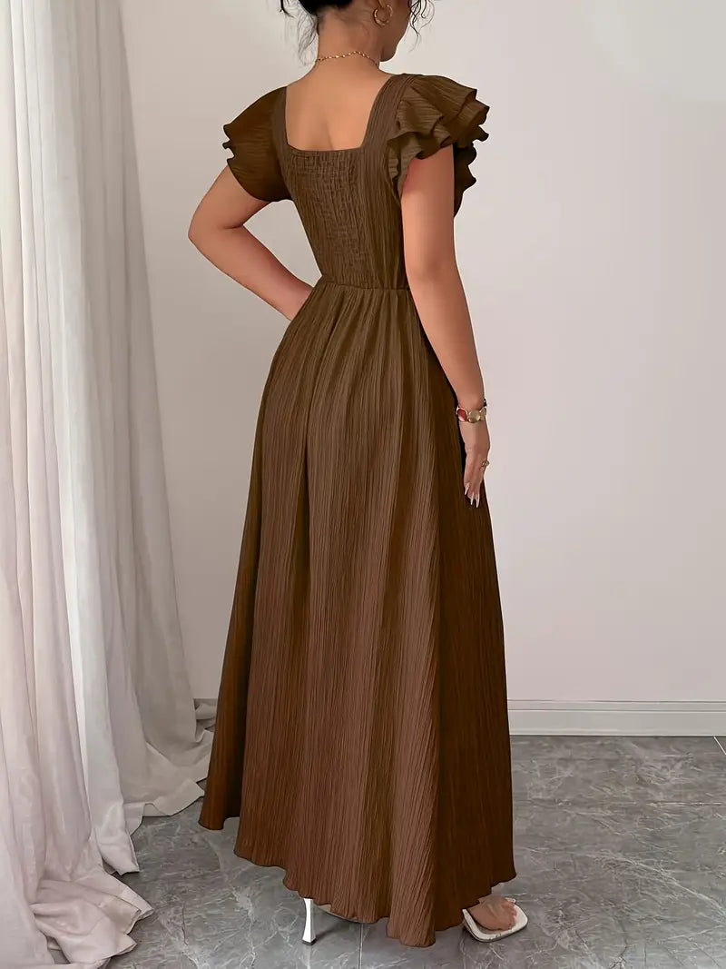 Pleated Square-Neck Dress with Bow-Front & Cinched Waist