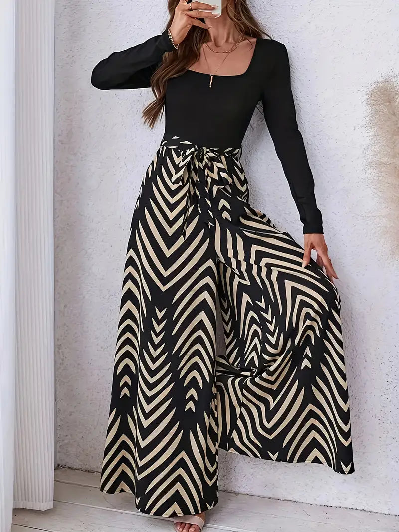 Elegant Black & White Geometric Print Wide-Leg Jumpsuit with Tie-Waist