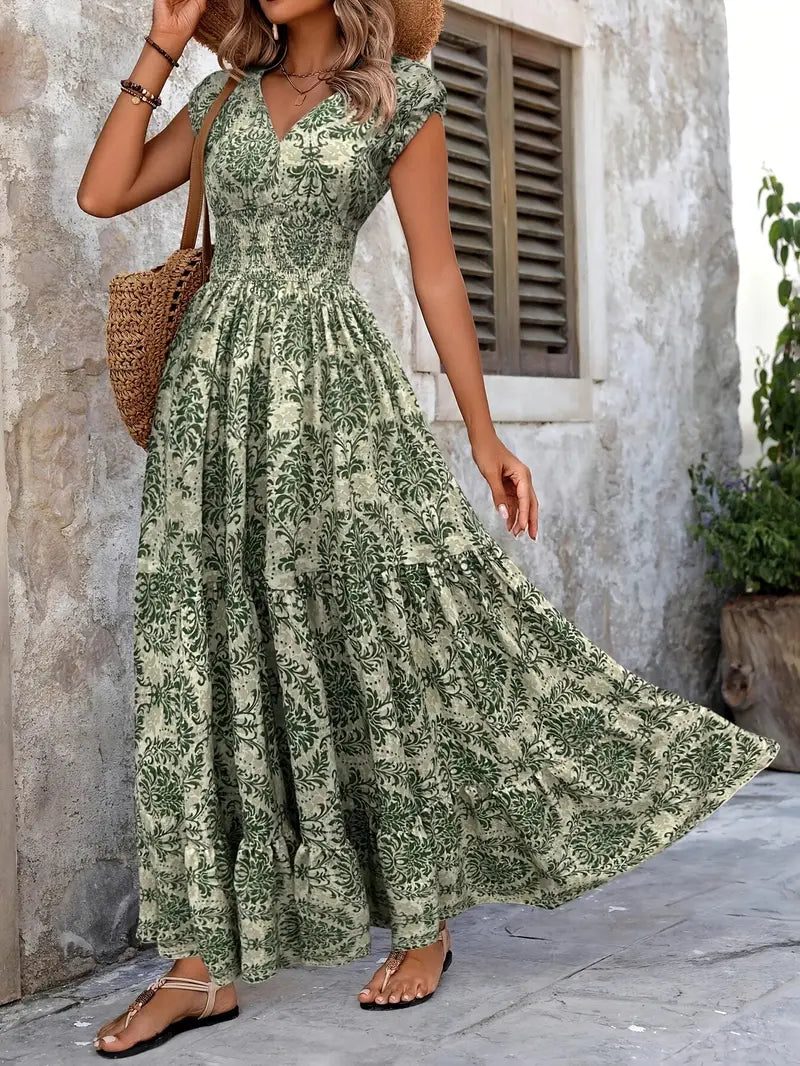 Elegant V-Neck Floral Maxi Dress – Green Summer A-Line Silhouette with Cinched Waist