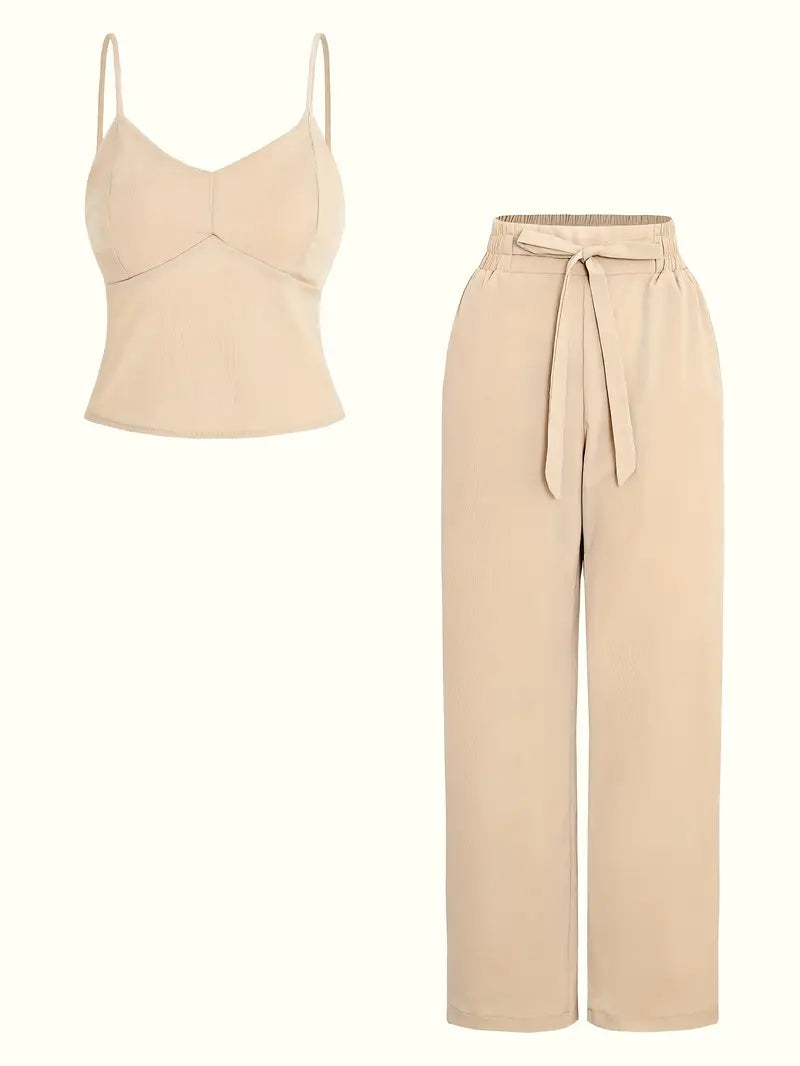 Elegant Off-Shoulder V-Neck Belted Suit Set for Women — 3/4 Sleeve Solid Color Ensemble in Lightweight Fabric