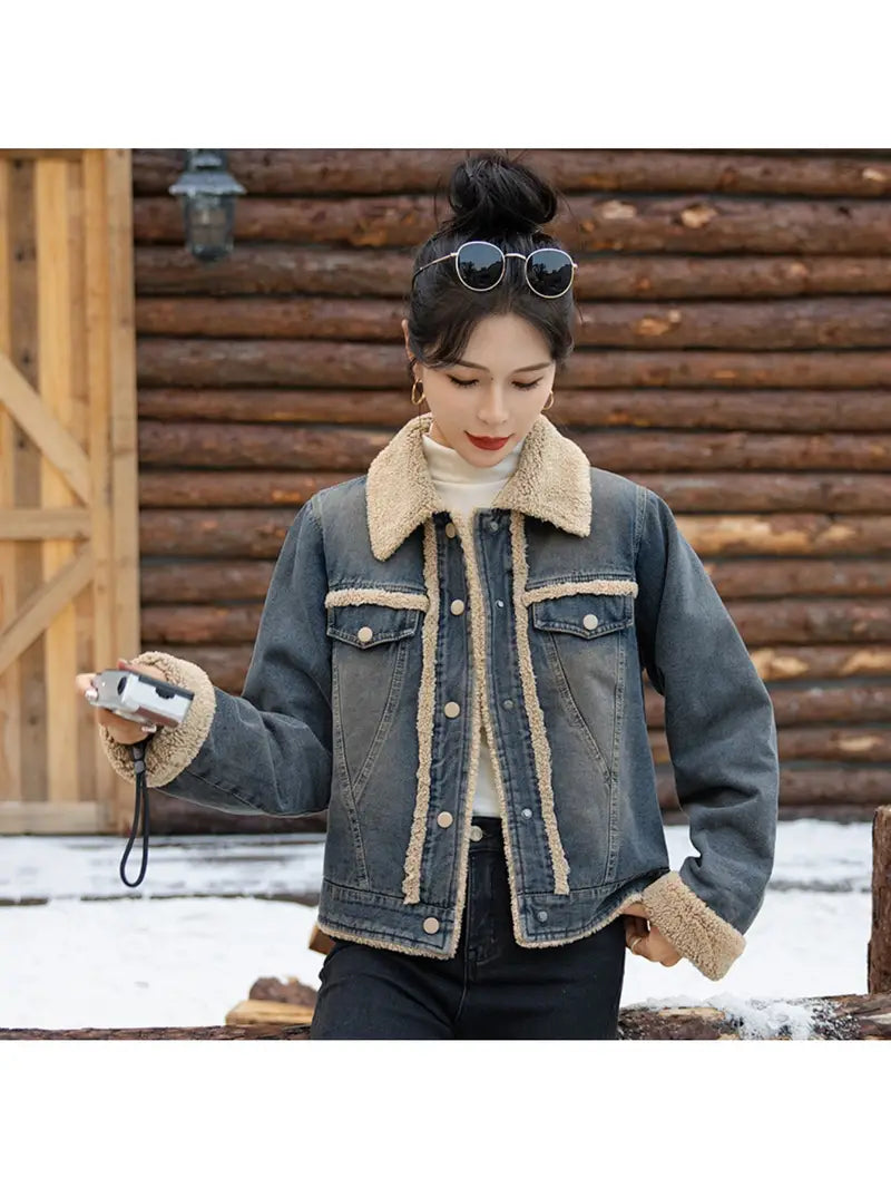 Oversized Retro Denim Jacket with Lamb Fleece Collar – Warm Winter Casual Outerwear for Women