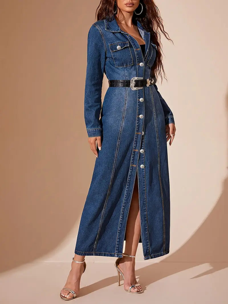 Classic Long Denim Coat – Elegant Button-Front Longline Jacket for Effortless Layering