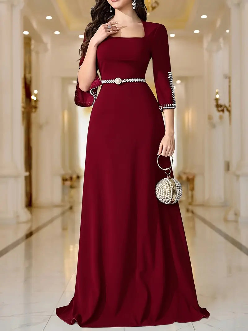 Maroon Long-Sleeve Pearl-Belted Midi Dress with Square Neck & Flowing A-Line Silhouette