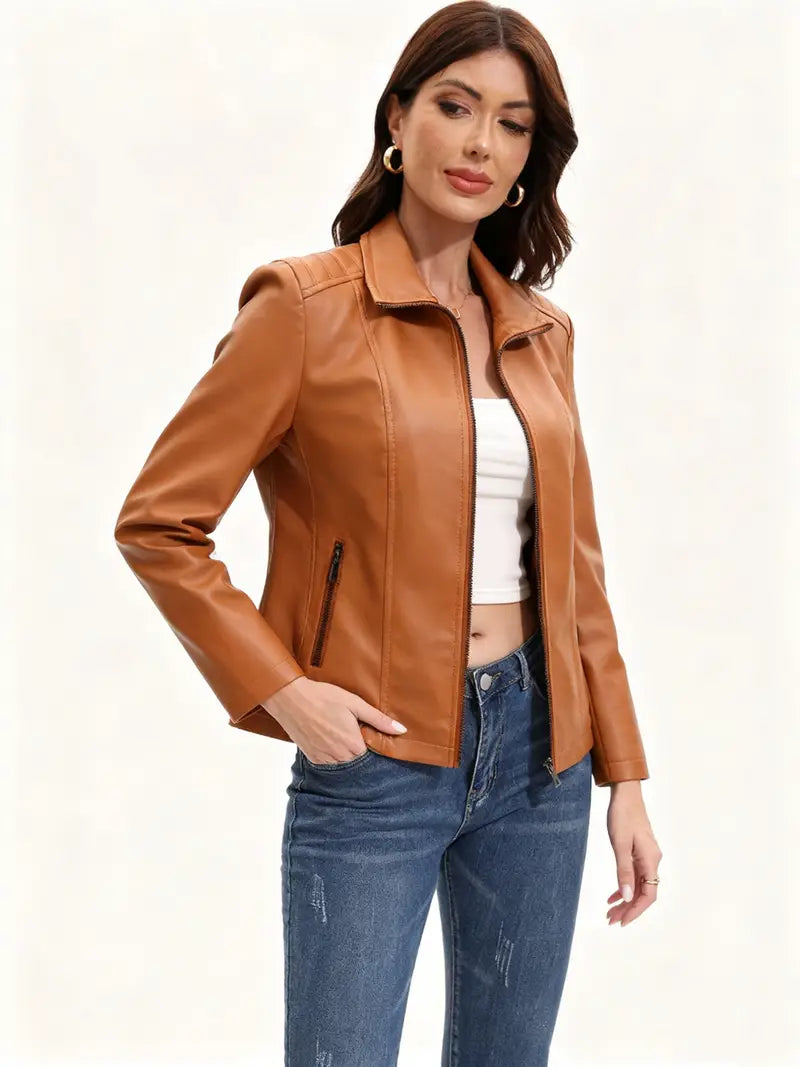 Women’s Windproof Short Faux Leather Jacket – Warm, Chic & Versatile Everyday Layer
